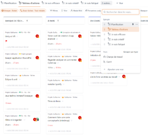 Les différentes tâches peuvent être affichées en grille ou en liste, puis être classées selon différents critères : Priorité, état d'avancement, difficulté, matière, etc. La seule limite est ce qui sera fonctionnel pour l'utilisateur.